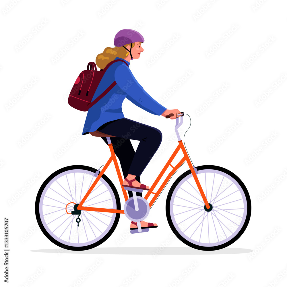 Confident Business Young Woman Cycling with Helmet and Backpack - Colorful Vector Illustration on Transparent Background Confident Business Young Woman Cycling with Helmet and Backpack - Colorful Vector Illustration on Transparent Background