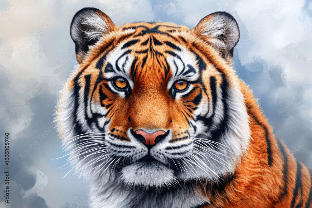 Fototapeta premium Fluffy fur of wild tiger with black stripes background --ar 3:2 --v 6.1 Job ID: 934de722-f662-4483-a00a-d7f7de06b01b