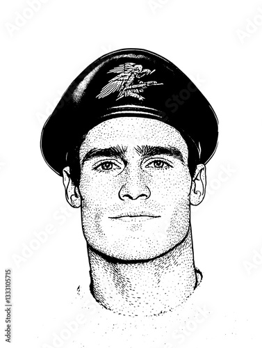 Engraved vintage illustration of a man wearing a military beret, showcasing strong features and serious demeanor