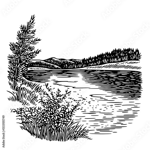 Engraved vintage illustration of a serene lakeside landscape featuring trees and mountains