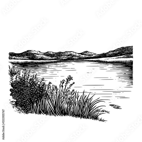 Engraved vintage illustration of a tranquil lakeside view with mountains in the background