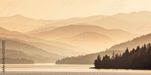 Sunset, lake and mountains for peace, nature or reflection. Serene water and soft rolling hills with misty light for calm scenery, landscape design or tranquil background