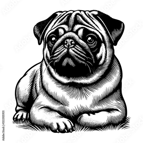pug dog sketch engraving black and white outline. Scratch board imitation.