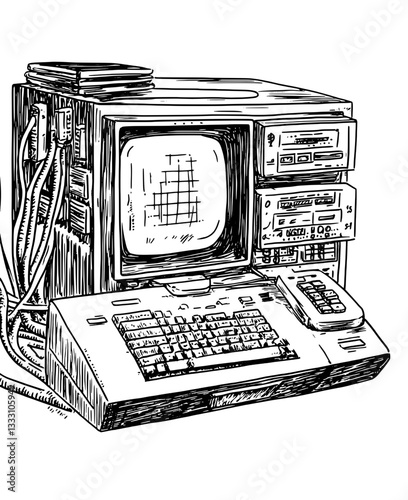 Engraved vintage illustration of a classic computer setup, showcasing detailed features and cables from a retro era