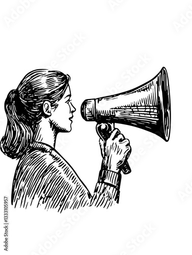 Engraved vintage illustration of a woman with a megaphone making an announcement