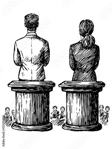 Engraved vintage illustration of two speakers at podiums engaging in a debate with an audience present