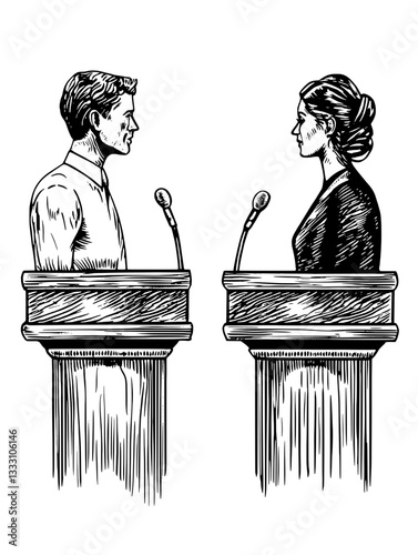 Engraved vintage illustration of two individuals debating at podiums during a political discussion