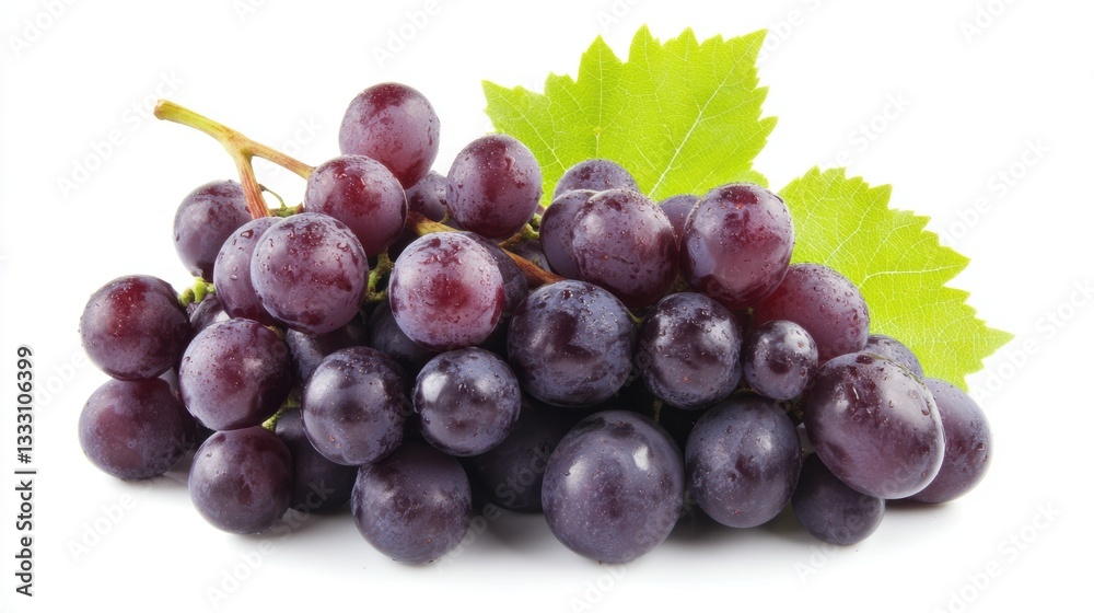 A close-up of grapes with a leaf on a white background. A close-up of grapes with a leaf on a white background.