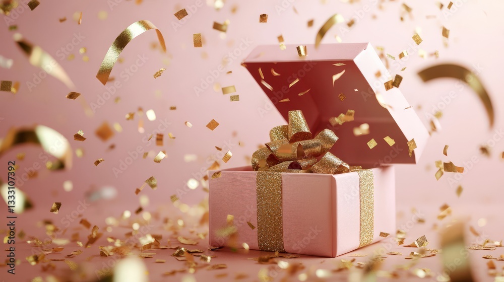 Fototapeta premium Pink Gift Box Surrounded By Golden Confetti