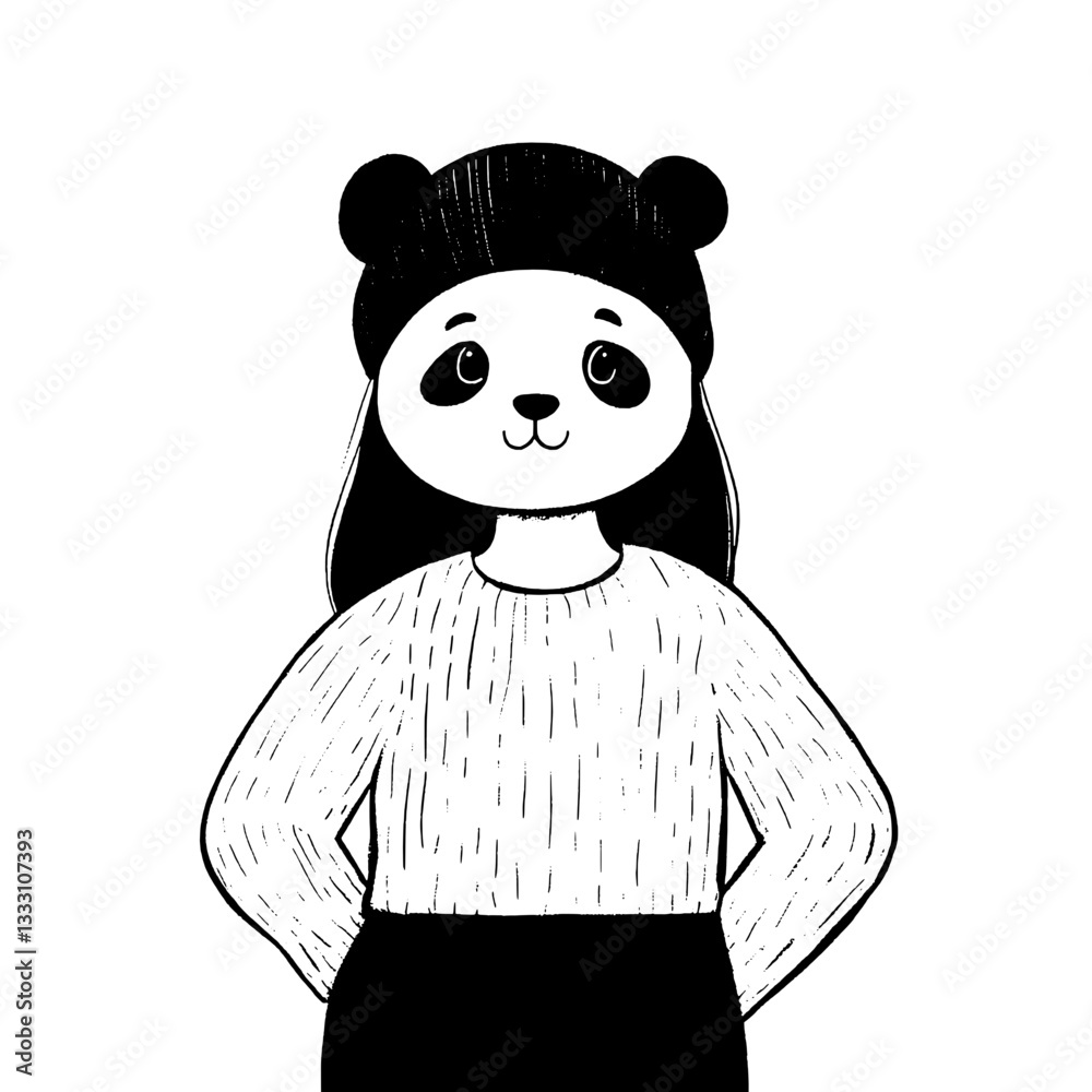 Illustration of a panda character wearing a cozy sweater and a beanie in a minimalist style Illustration of a panda character wearing a cozy sweater and a beanie in a minimalist style