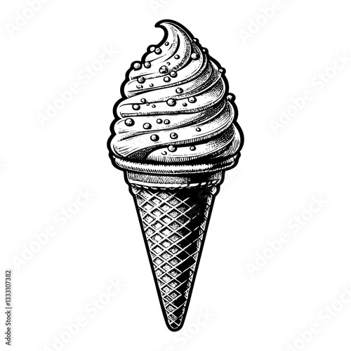 Ice cream cone sketch engraving black and white outline. Scratch board imitation.  illustrated in vintage line art style on a white background.
