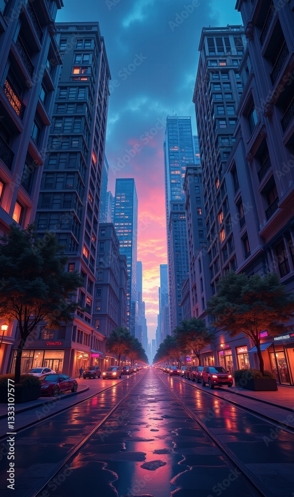 Fototapeta premium A stunning urban landscape at dusk, featuring skyscrapers and a reflective street. Perfect for city life, architecture, and travel themes in business presentations or promotions.