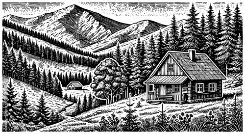 mountain landscape with small wooden cabin sketch engraving black and white outline. Scratch board imitation.