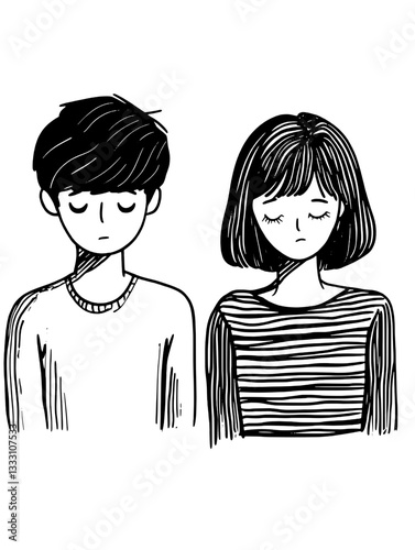 Engraved vintage illustration of two melancholic individuals captured in a simple yet expressive design
