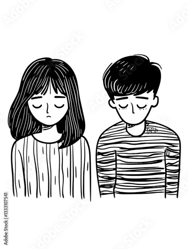 Illustration of two individuals expressing sadness with vintage engraved style