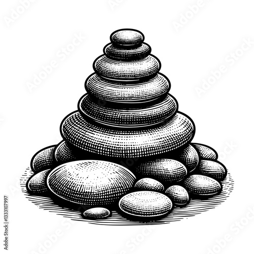 Stack of smooth stones sketch engraving black and white outline. Scratch board imitation.
