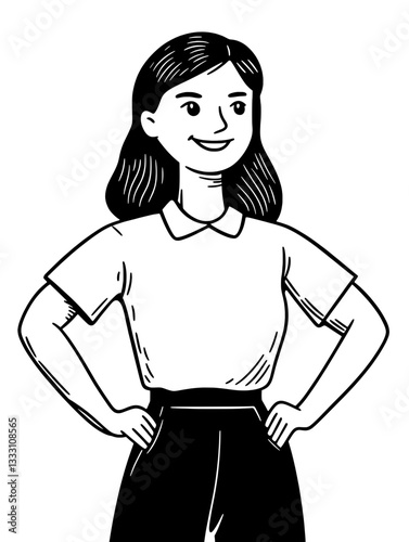 Engraved vintage illustration of a confident woman with hands on hips and a friendly expression