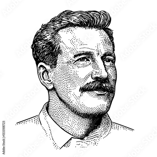 Engraved vintage illustration of a man with a mustache and styled hair in a classic pose