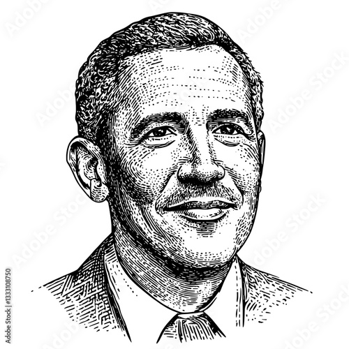 Engraved vintage illustration of a smiling man in a formal suit, showcasing intricate details and classic artistry