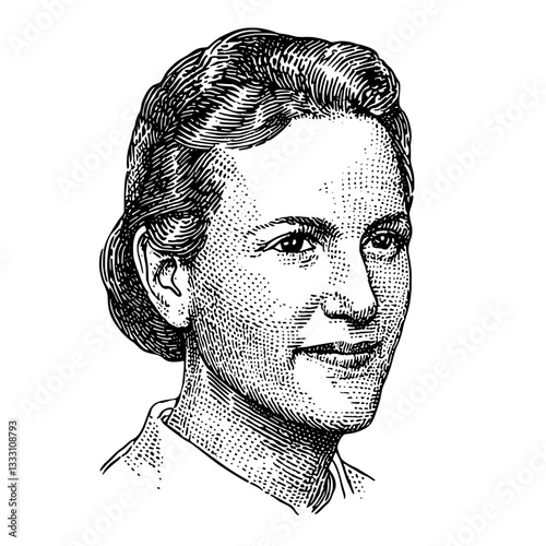 Engraved vintage illustration of a woman with a confident expression and classic hairstyle from an earlier era