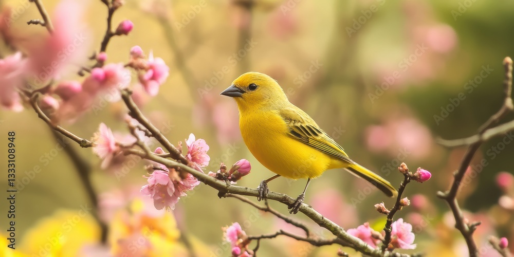 Yellow bird on a tree branch surrounded by blooming pink flowers. Yellow bird on a tree branch surrounded by blooming pink flowers.