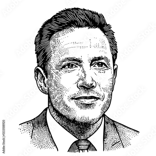 Engraved vintage illustration of a smiling man in a suit showcasing detailed artwork and craftsmanship