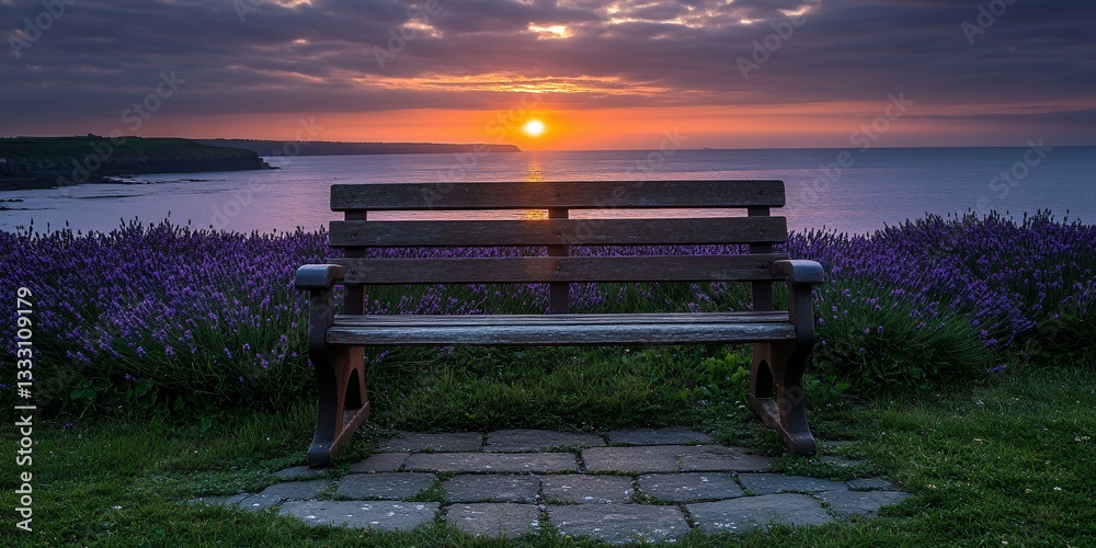 Serene Sunset View Wooden Bench Lavender Field Ocean Coastal Calm Peaceful Twilight Nature Scene Sky Serene Sunset View Wooden Bench Lavender Field Ocean Coastal Calm Peaceful Twilight Nature Scene Sky
