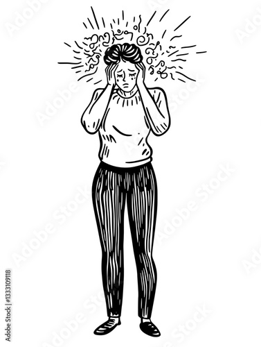 Engraved illustration of a stressed woman overwhelmed by anxiety and pressure in a vintage style
