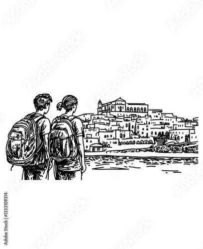 Engraved vintage illustration of travelers gazing at a historic town by the water