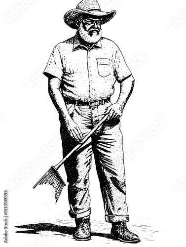 Engraved vintage illustration of a man with a spade, depicting rural life and traditional labor