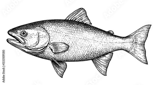 Engraved vintage illustration of a fish showcasing detailed features and craftsmanship