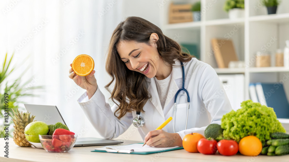 Joyful nutritionist woman in white coat holding orange, writing notes, surrounded by fresh fruits and vegetables, promoting healthy eating Joyful nutritionist woman in white coat holding orange, writing notes, surrounded by fresh fruits and vegetables, promoting healthy eating