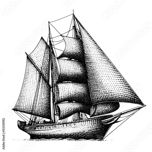 Engraved vintage illustration of a detailed sailing ship with distinct sails and rigging