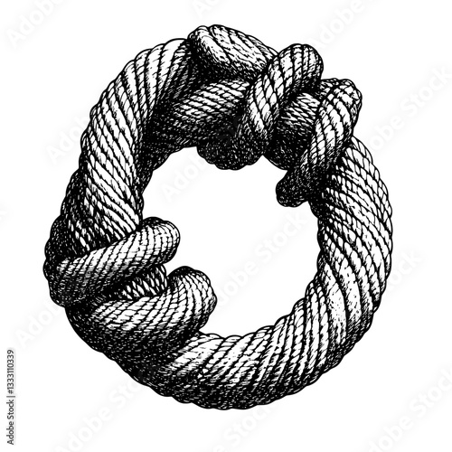 Engraved vintage illustration of a detailed rope knot design in black and white style