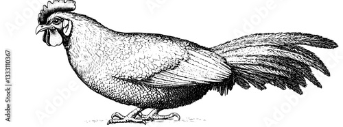 Engraved vintage illustration of a detailed rooster standing gracefully in a natural pose