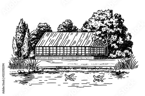 Engraved vintage illustration of a serene lakeside cabin surrounded by lush trees and swimming ducks