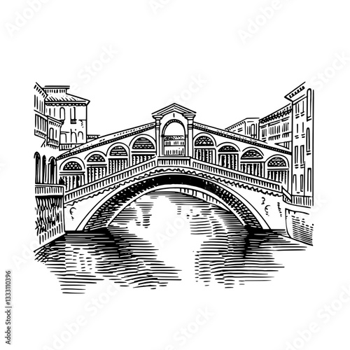 Engraved vintage illustration of the iconic Rialto Bridge over the Grand Canal in Venice
