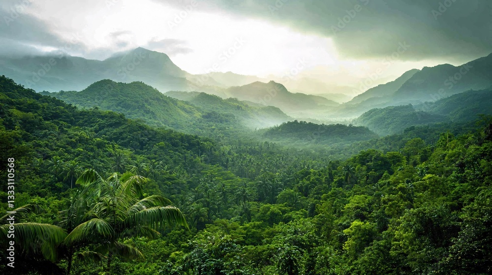 Obraz premium Lush green tropical mountains covered in verdant vegetation under cloudy sky