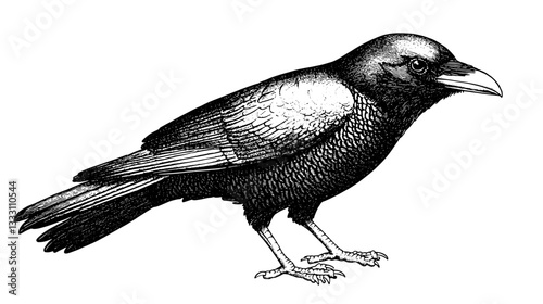 Intricate engraved illustration of a vintage crow standing in profile with detailed feathers and features
