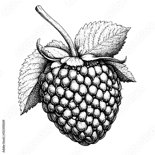 Engraved vintage illustration of a raspberry with detailed shading and leaf accents
