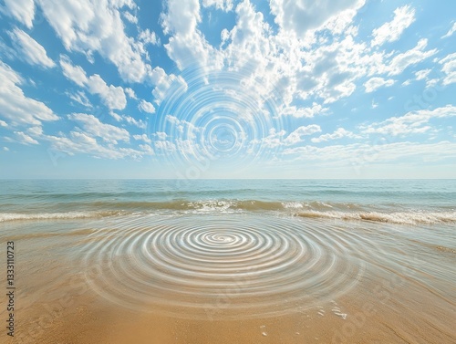 Ripples distort sky meeting sea shoreline.