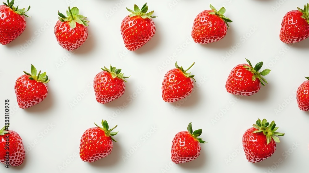 A detailed view of fresh strawberries arranged on a clean white background. A detailed view of fresh strawberries arranged on a clean white background.