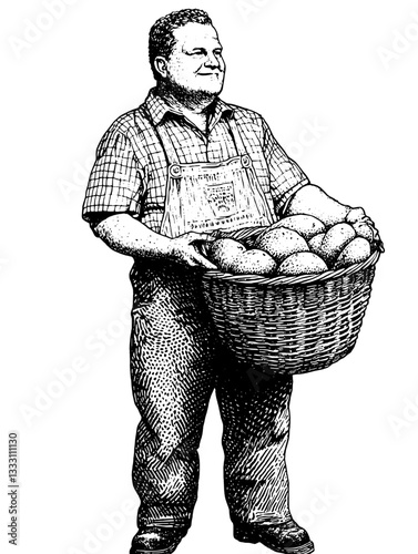 Engraved illustration of a farmer carrying a basket of freshly harvested vegetables in vintage style