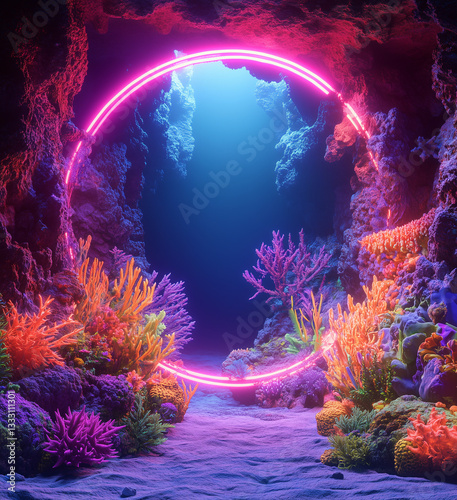 a circular neon portal lush with colorful corals