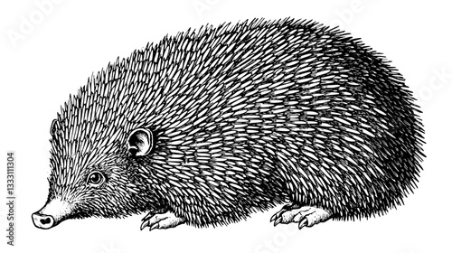 Vintage engraved illustration of a hedgehog showcasing intricate details of its quills and features