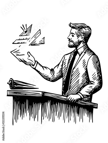 Engraved vintage illustration of a man demonstrating paper planes at a desk