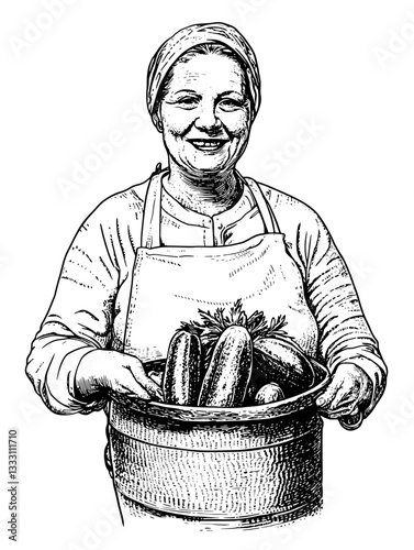 Engraved illustration of a smiling woman holding a basket of fresh cucumbers in vintage style