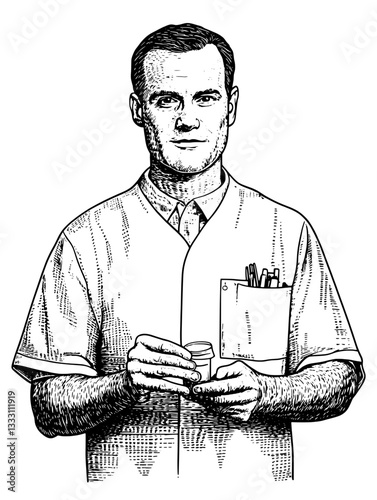 Engraved illustration of a vintage doctor holding a jar in a medical setting