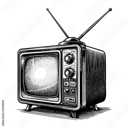 Antique television sketch engraving black and white outline. Scratch board imitation.