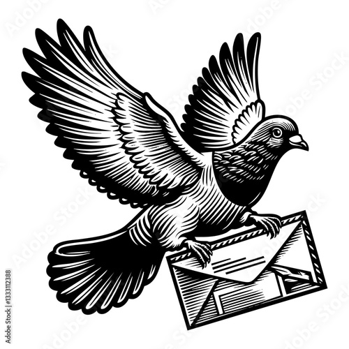 Pigeon carrying letter sketch engraving black and white outline. Scratch board imitation.  illustrated in vintage line art style on a white background.
